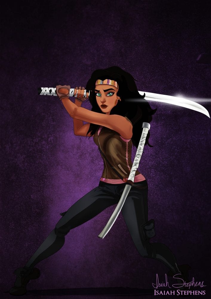 Halloween: Esmeralda (Corcunda de Notre Dame) fantasiada de Michonne (The Walking Dead)