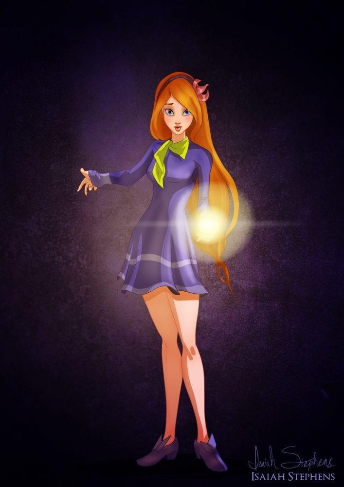 Halloween: Giselle (filme Encantada) fantasiada de Daphne (Scooby Doo)